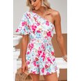 thumbnail image 1 of Floral Single Bubble Sleeve Slant Shoulder Belted Romper, 1 of 7