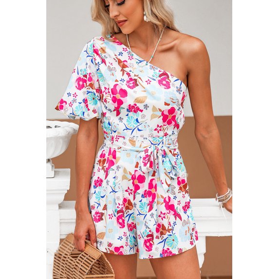 Floral Single Bubble Sleeve Slant Shoulder Belted Romper