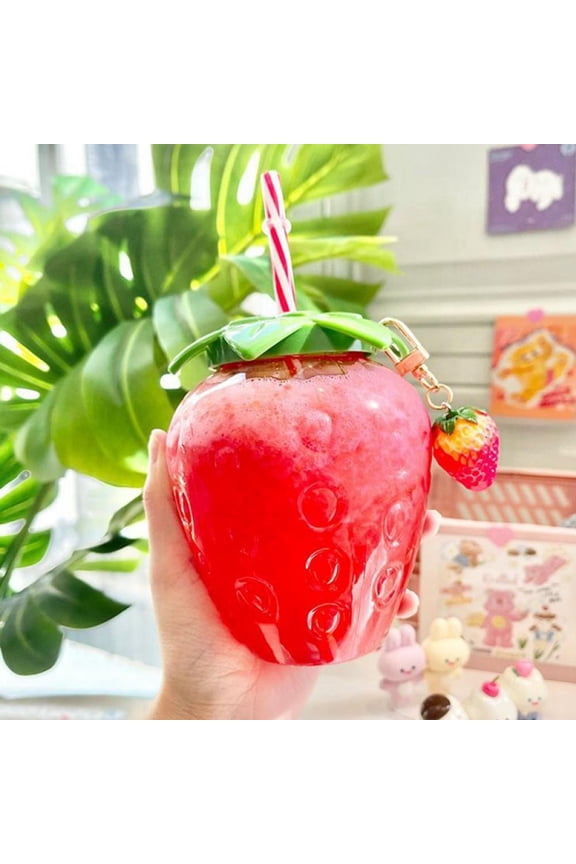Floral Sip Sip Water Bottle with Lid and Straw - Cute Strawberry Coffee Water Juice Smoothie Drinking Cup for Home Office School - With Strawberry Pendant,500ML