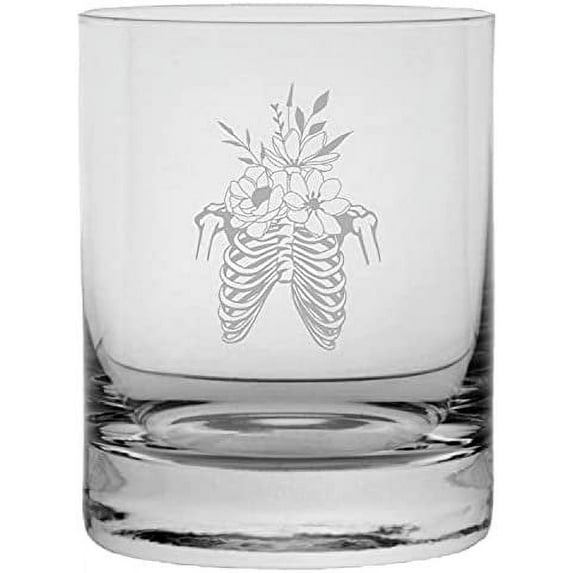 Floral Skeleton 3 Happy Halloween Etched 11oz Crystal Rocks Whisky Glass