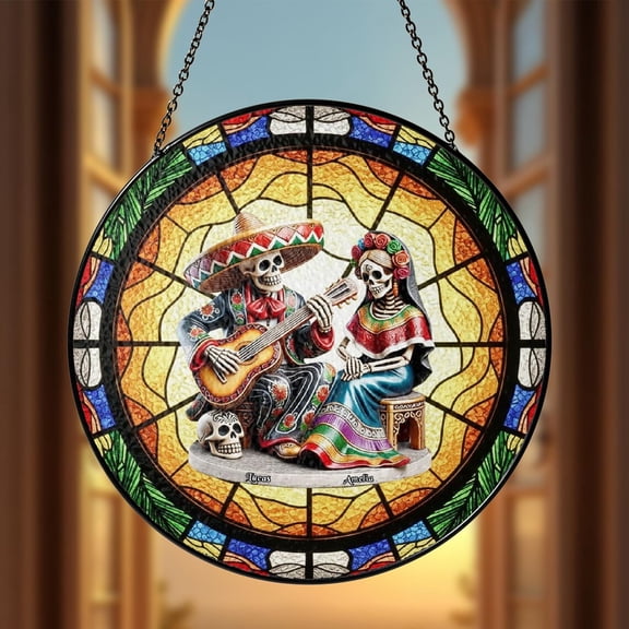 Floral Skeleton Couple Glass Suncatcher, Day of the Dead Sugar Skull Wedding V4, 3.5 in