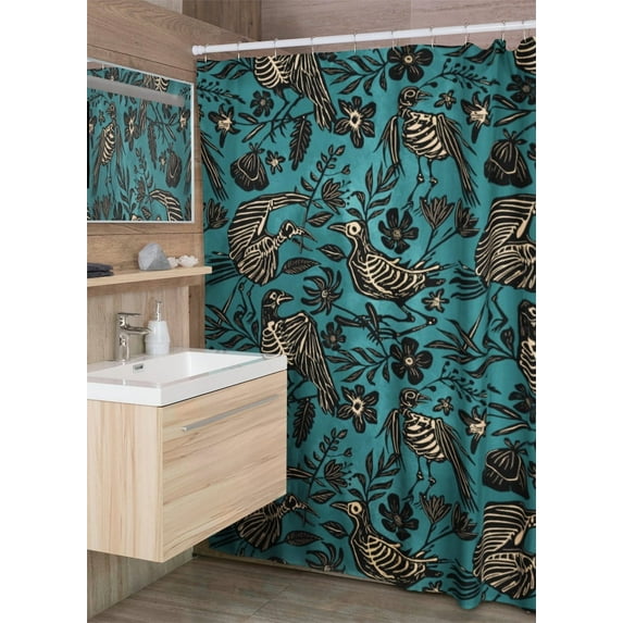 Floral Skeleton Shower Curtain, Macabre Linocut Botanical Folk Art Bath Decor Skulls and Flowers in Teal & Black for Goth Bathroom Spooky Shower Curtain