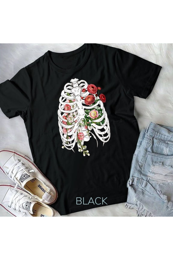 Floral Skeleton X-ray Ribcage Flower Goth Halloween 2021 Unisex T-shirt