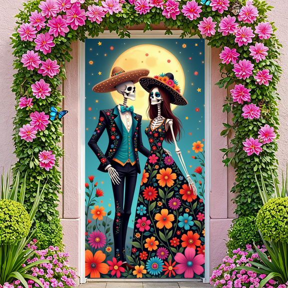 Floral Skeletons Mexican Theme Banner Colorful Design Day of the Dead Decoration for Festival Party Celebration