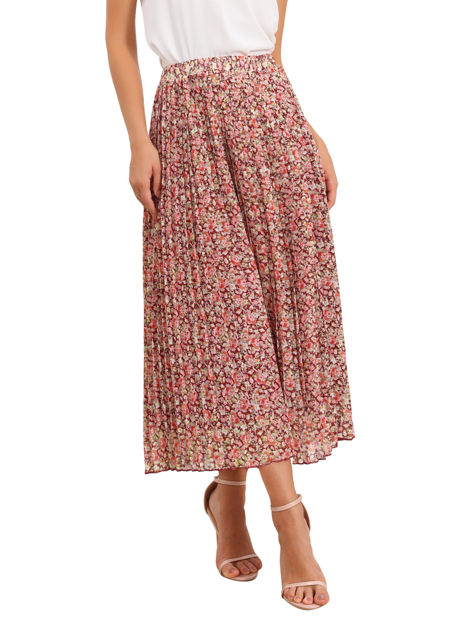 Floral Pleated Maxi Skirt for Women 2026 Elastic High Waisted Casual ...