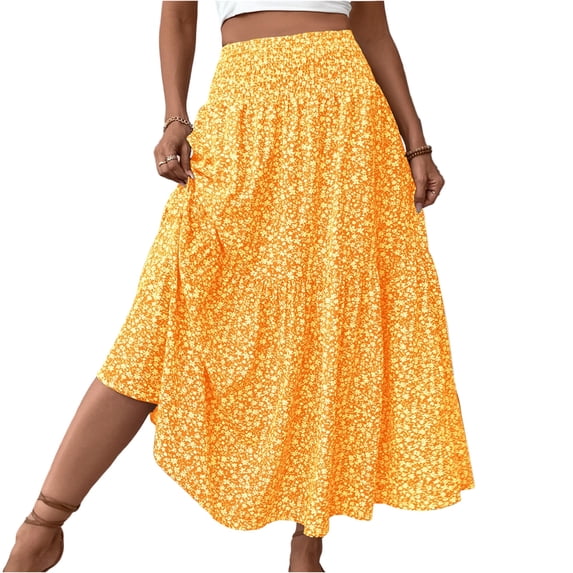 Floral Skirts for Women Summer Flowy Tiered Elastic High Waisted Print Swing Skirt Vacation A-Line Long Midi Skirts Yellow S
