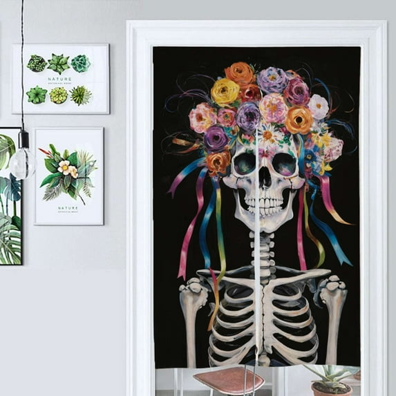 Floral Skull Artistic Painting Style Design Door Curtain Nordic Living Room DoorCurtain Porch Partition Curtain Kitchen Rative Half Curtain