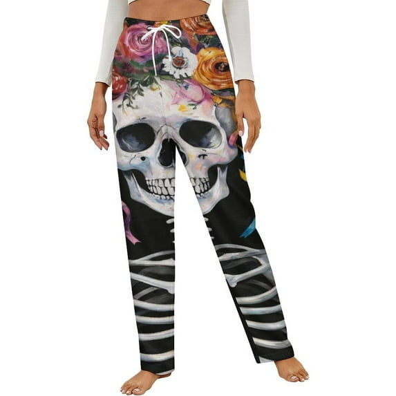Floral Skull Artistic Painting Style Design Winter Female Pants Flannel High Waist Women Pants Lady Warm Straight Leg Plush Trousers