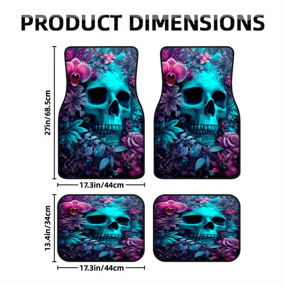Floral Skull Car Floor Mats, 4pcs Easy-Clean Interior Liners for Pickup Trucks and Hatchbacks