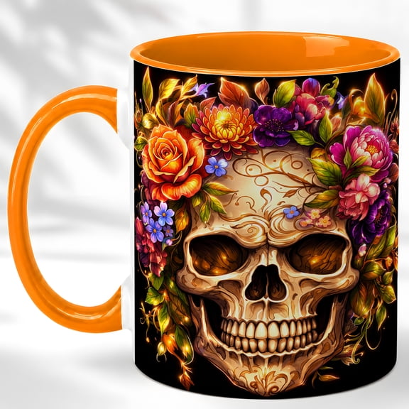 Floral Skull Coffee Mug, Gothic Flower Mug, Ceramic 11 oz
