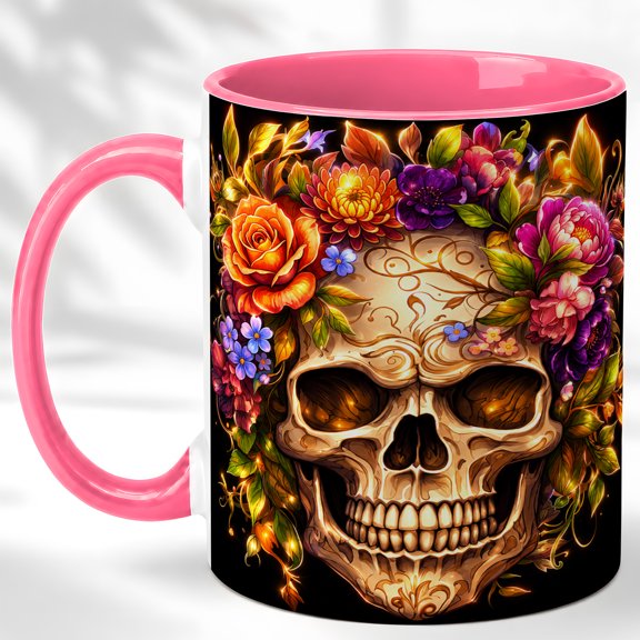 Floral Skull Coffee Mug, Gothic Flower Mug, Ceramic 11 oz
