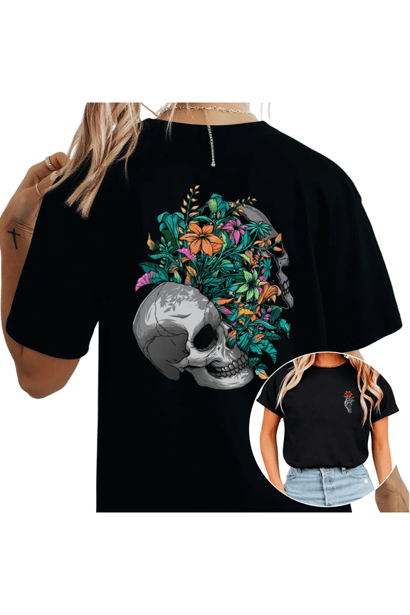 Floral Skull Graphic Soft Breathable Tees T-shirt Tropical Flower Skeleton Tops Short Sleeve Round Neck Black S-5XL