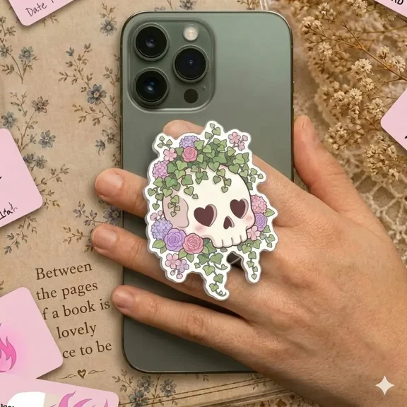 Floral Skull Phone Grip Clear Acrylic - Aesthetic Pastel Goth Flower Skeleton Cell Phone Stand Holder, Cute Spooky Heart Eye Ereader Ring Accessory, Whimsical Gift for Bookworms and E-Girls