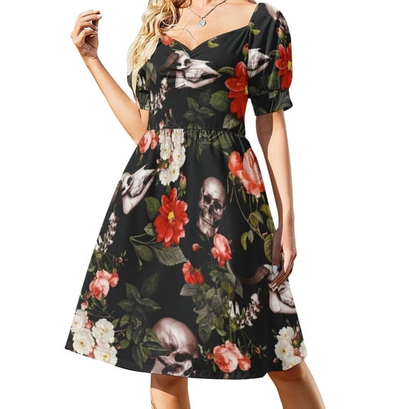 Floral Skull Print Casual Dress Sugar Skulls Pattern Stylish Dresses Sexy V Neck Elegant Trendy Dress Big Size