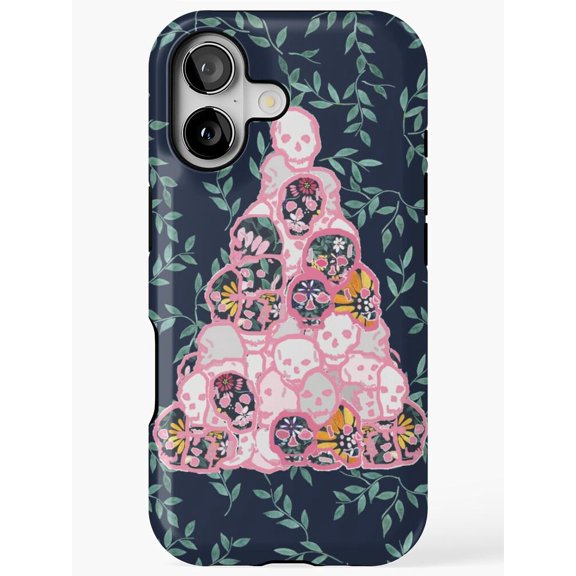 Floral Skull Pyramid Navy, Pink and Green Tough Case for Apple iPhone, Dual-Layer Polycarbonate and TPU