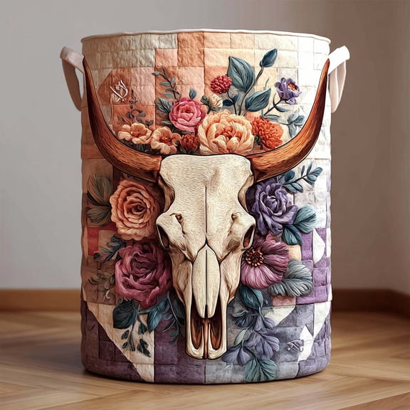 Floral Skull Quilted Laundry Basket, Boho Longhorn Storage Hamper, Western Flower Room Decor