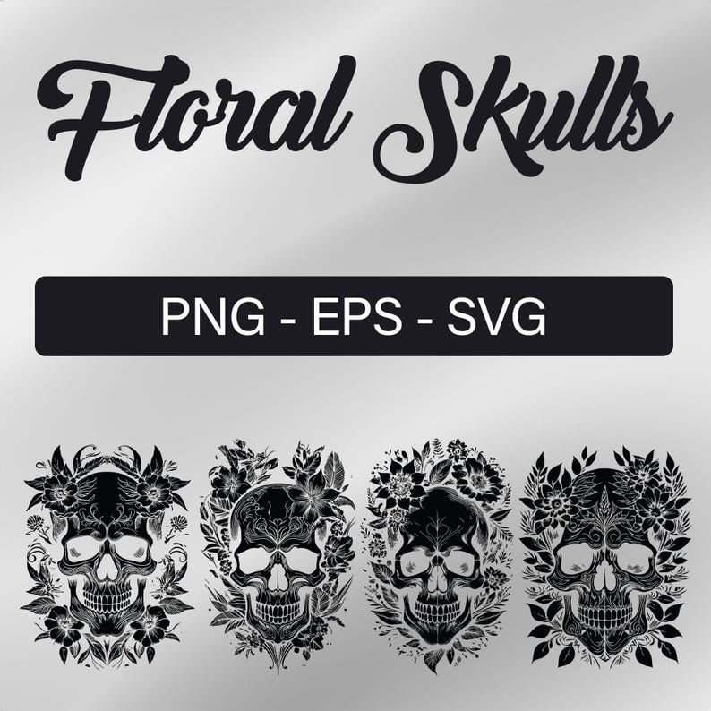 Cuttable Vector Image Floral Skull SVG | Cute Cool Skull T-Shirt Decals Stencil Graphics ...