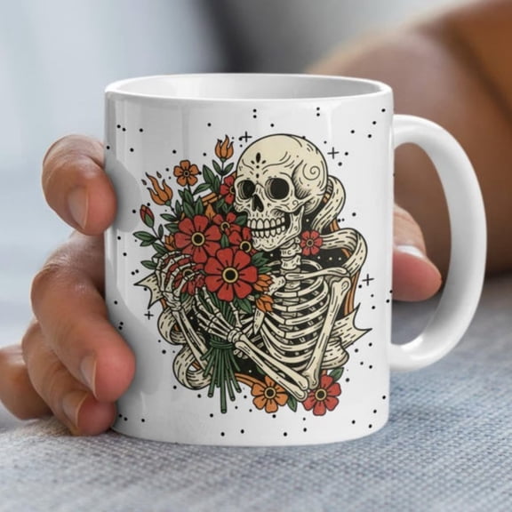 Floral Skull Tattoo Art Mug Gothic Skeleton Couple Coffee Cup.