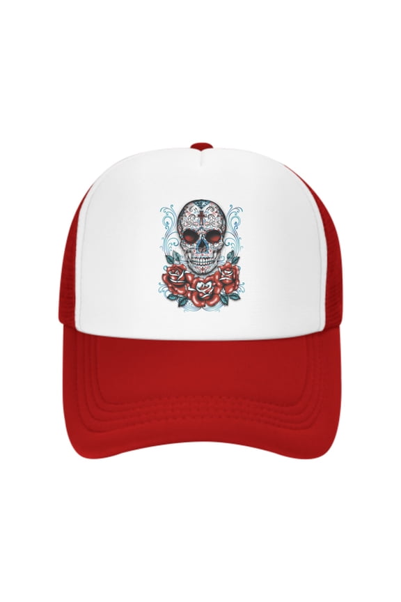 Floral Skull Unisex Trucker Hats for Men Women Adjustable Casual Baseball Caps for Outdoor Activities Dad Cap