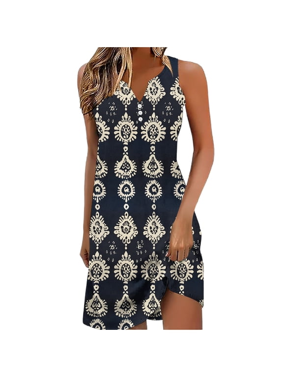 Floral Sleeveless Dresses Womens Summer Vacation Outfits Retro Trendy Casual A Line Tank Dress, Black S