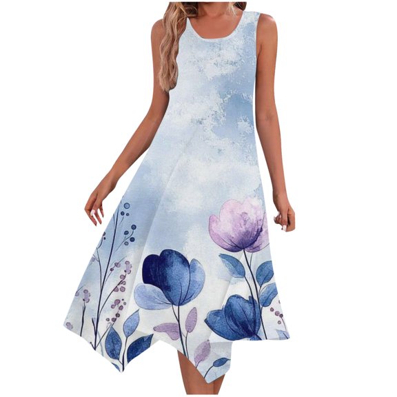 Floral Sleeveless Midi Dress for Women Summer Casual Tank A Line Dress Vacation Sundress