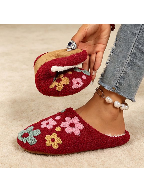 Floral Slippers for Women, Closed Toe Fleece House Shoes with Embroidered Colorful Flowers, Boucle Soft Flat Non-Slip Bedroom Mule Slippers for Gifts