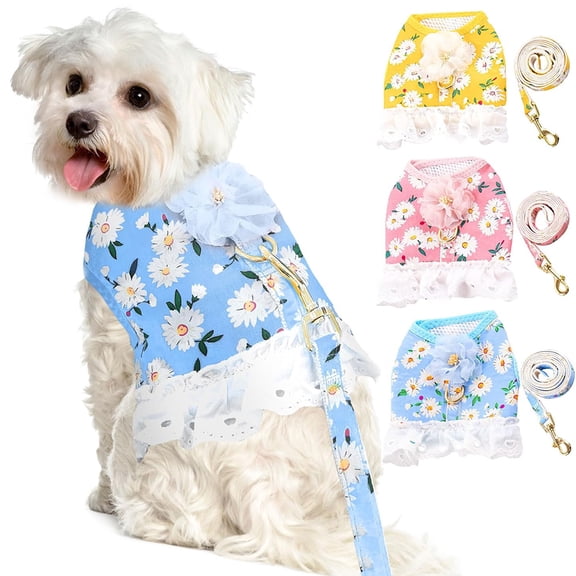 Floral Small Dog Harness Leash Set Dress for Girl, Cute Daisy Design Breathable Air Mesh Puppy Harness for Female Small Medium and Large Dogs Cats