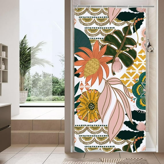 Floral Small Stall Shower Curtain 36 x 72, Boho Flower Narrow Half Size Chic Shower Curtains for Modern Bathroom Decor, Tropical Leaves Vintage Shower Curtain 36 inch