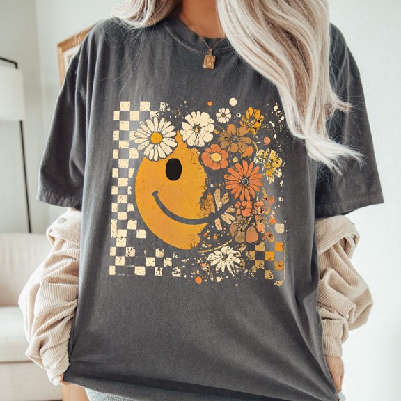 Floral Smiley Face Fall Checkered T-Shirt All Size S-3XL