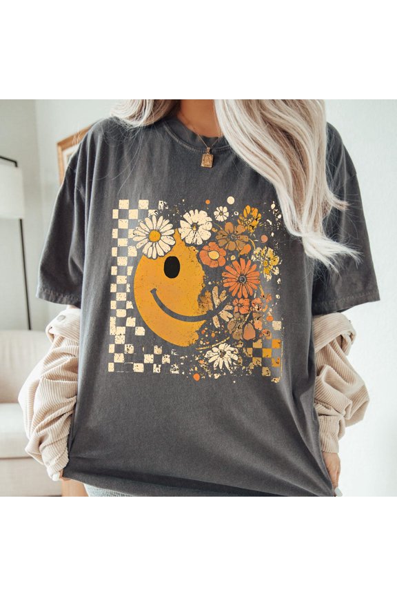 Floral Smiley Face Fall Checkered T-Shirt All Size S-3XL