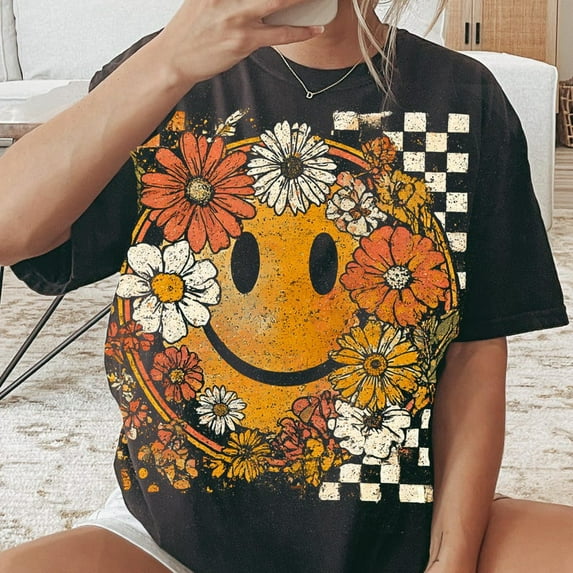 Floral Smiley Face Fall T-Shirt, Thanksgiving Pumpkin Tee, Autumn Aesthetic Shirt, Boho Fall Vibes T-Shirt for Women