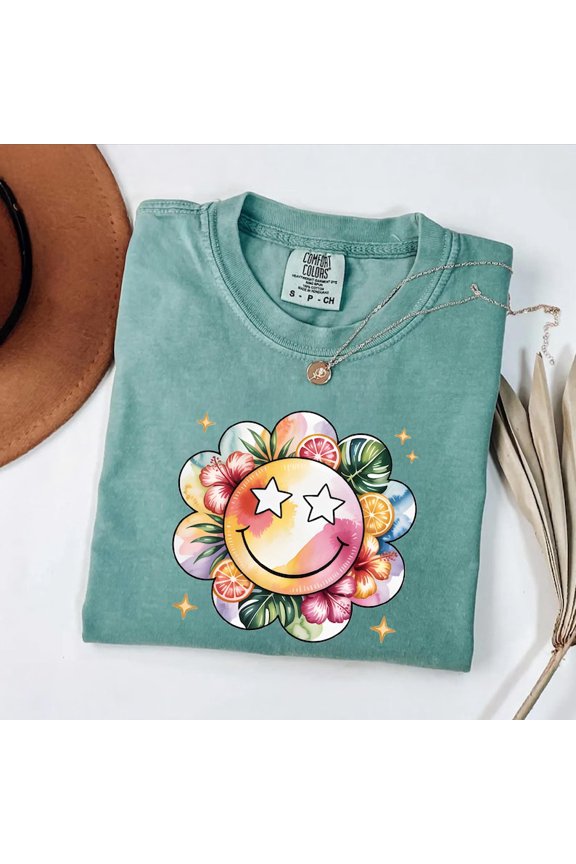 Floral Smiley Face Graphic Tee, Retro Beach Star Design, Comfort Colors Unisex Cotton T-Shirt Size S-3XL
