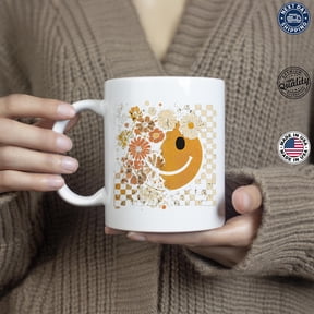 Floral Smiley Face Mug, Cute Positive Retro Coffee Cup Gift