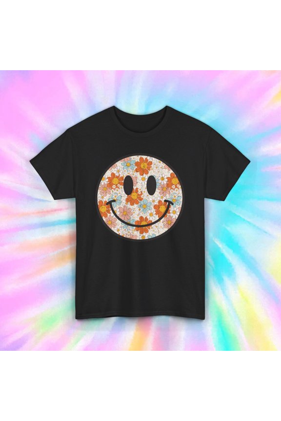 Floral Smiley Face Shirt | Vintage 70s Hippie Flower Graphic Tee S-5XL