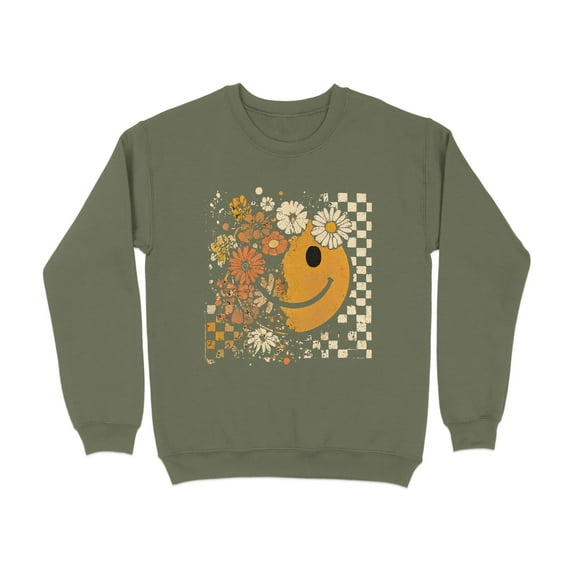 Floral Smiley Face With Checkered Pattern Trendy Sweatshirt (L, MilitaryGreen)