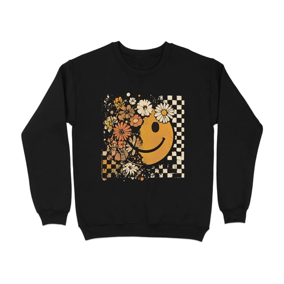 Floral Smiley Face With Checkered Pattern Trendy Sweatshirt (S, Black)