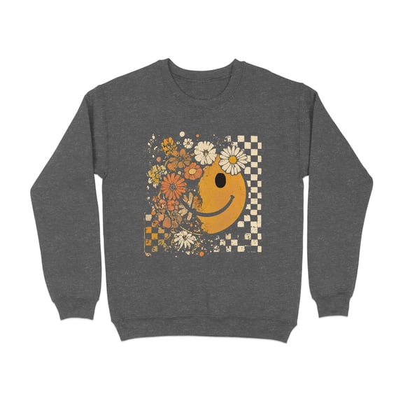 Floral Smiley Face With Checkered Pattern Trendy Sweatshirt (S, DarkHeather)