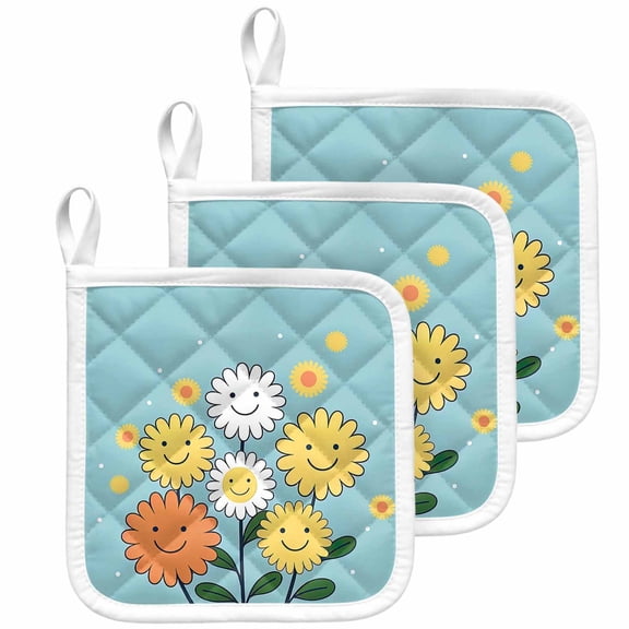 Floral with Smiling Faces Pot Holders for Kitchen Heatproof Potholder, 3 Pack Hand Paint Flowers Aqua Backdrop Hot Pads Multipurpose Oven Pads Cloth Potholders Trivet for Cooking Baking