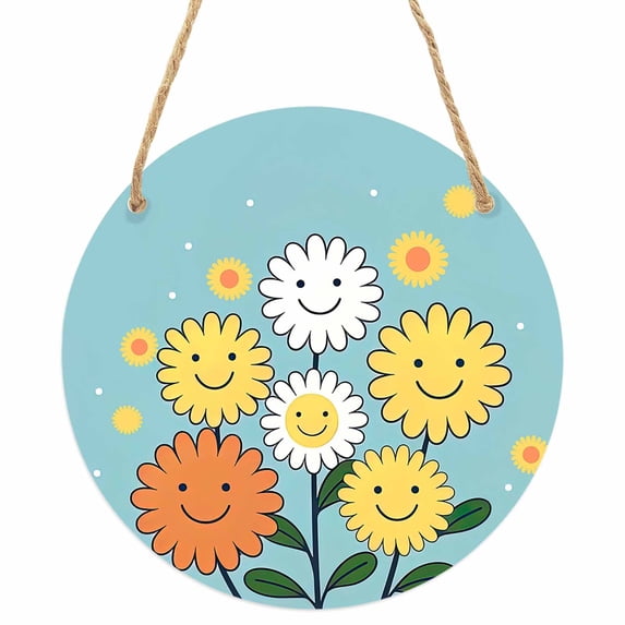 Floral with Smiling Faces Round Front Door Welcome Sign, 7.8 Inch Wall Hanging Decor for Indoor Outdoor, Hand Paint Flowers Aqua Backdrop Home Porch Hanger Decorations for Holiday Gift