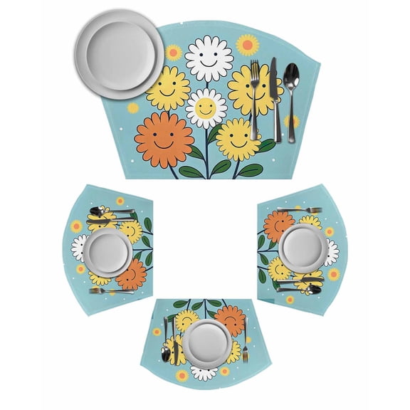 Floral with Smiling Faces Round Placemats Set of 2, Hand Paint Flowers Aqua Backdrop Placemats for Round Dining Table Shape Wedge Placemats for Outdoor Indoor Wipeable Clean Table Place Mats