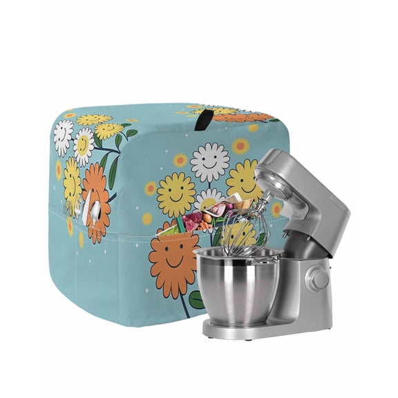 Floral with Smiling Faces Stand Mixer Dust Cover with Storage Pocket & Handles,Hand Paint Flowers Aqua Backdrop Fits All Tilt Head & Bowl Lift Kitchen Appliance Cover Organizer Bag,4.5-5 Quart