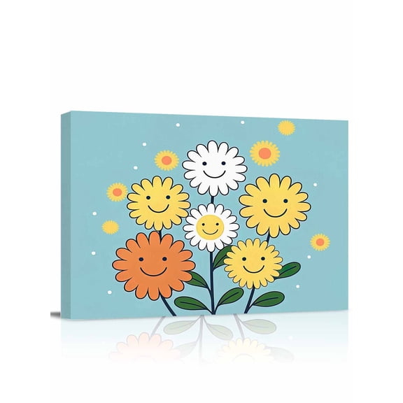 Floral with Smiling Faces Wall Art for Living Room,Canvas Picture Wall Decor for Bathroom Bedroom,Hand Paint Flowers Aqua Backdrop Painting Artwork for Office Hallway Dining Room Decor 12"x16"