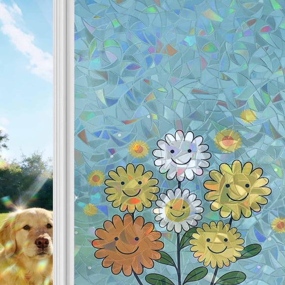 Floral with Smiling Faces Window Privacy Film Stain Glass,Decorative Rainbow Window Film,Hand Paint Flowers Aqua Backdrop Static Cling Sun Blocking Stickers Decals Covers 17.7" x 39.3" (2pcs)
