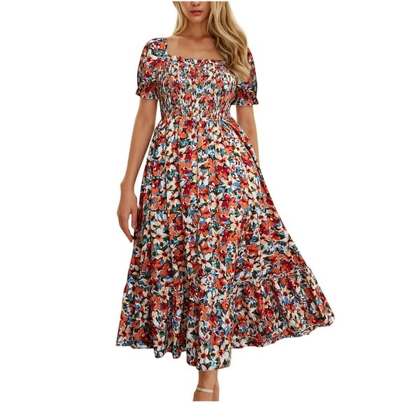 Floral Smocked Dresses for Women Plus Size Elegant Puff Sleeve Tiered Dress Square Neck High Waist Retro Long Dresses Red, 3XL