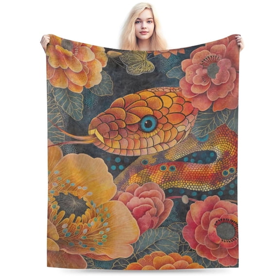 Floral Snake Throw Blanket, Vibrant Botanical Flower Red Serpent Blankets 50x40