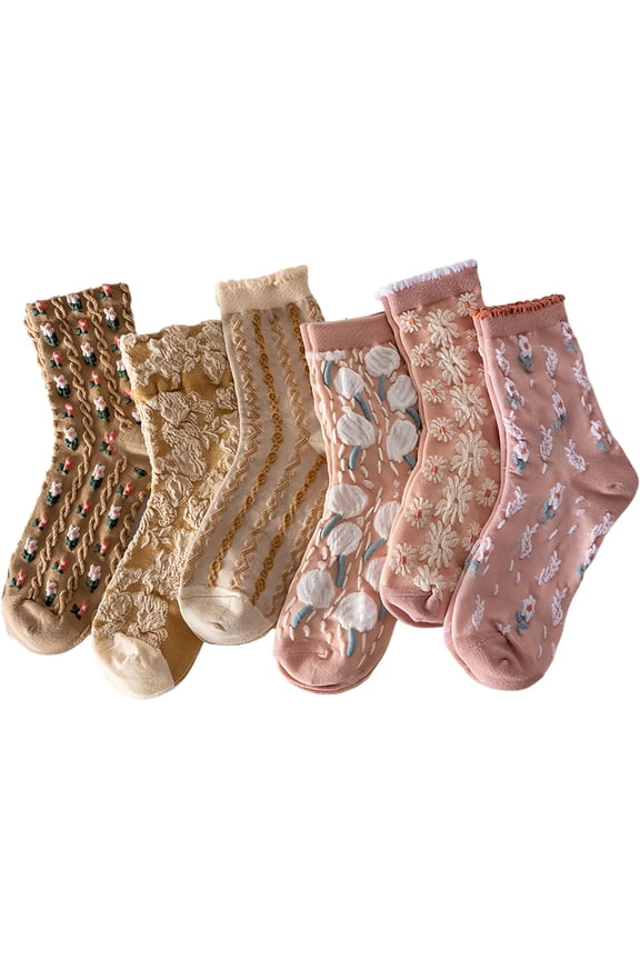 Floral Socks,Breathable Cotton Cute Ankle Socks,Flower Geometric 3D Textured,Novelty Knit Socks,US Sizes 5-11,6 Pairs