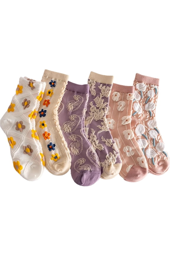 Floral Socks,Breathable Cotton Cute Ankle Socks,Flower Geometric 3D Textured,Novelty Knit Socks,US Sizes 5-11,6 Pairs