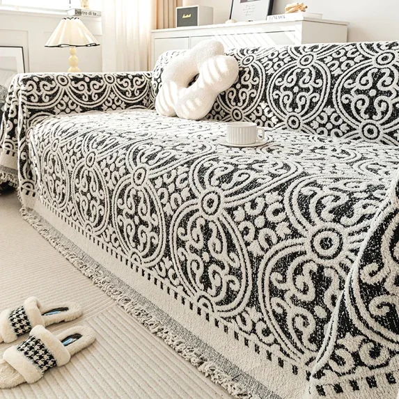 Floral Sofa Throw Blanket Geometry Chenille Anti-cat Scratch Sofa Towel with Tassel Kids Dogs Couch Protector Picnic Blankets (A1 Sofa blanket,180x150cm L)