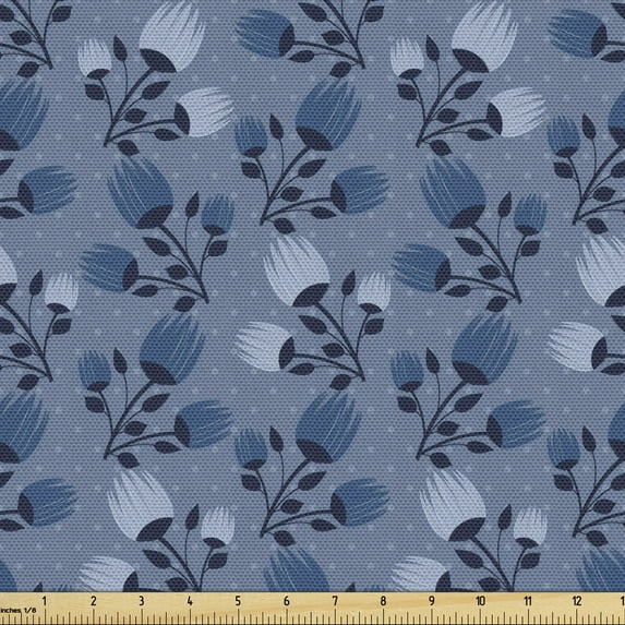 Floral Sofa Upholstery Fabric by the Yard, Abstract Flowers in Pastel Cold Tones Monochrome Style Silhouettes, Decorative Fabric for DIY and Home Accents, Blue Grey and Multicolor by Ambesonne