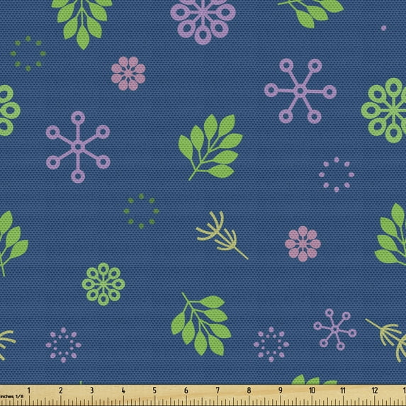 Floral Sofa Upholstery Fabric by the Yard, Abstract Minimal Greenish Leaves Foliage Circular Round Cartoon Flowers, Decorative Fabric for DIY and Home Accents, Dark Blue Multicolor by Ambesonne